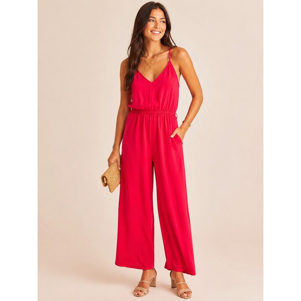 Bar III Womens hot pink‎ Satin Sleeveless Wrap V-Neck Wide Leg Jumpsuit Size S